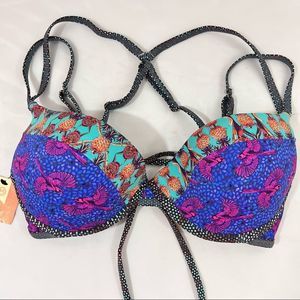 Bikini Top Strappy back NWT Maaji Reversible Underwire Pineapple Bird Print Sz L